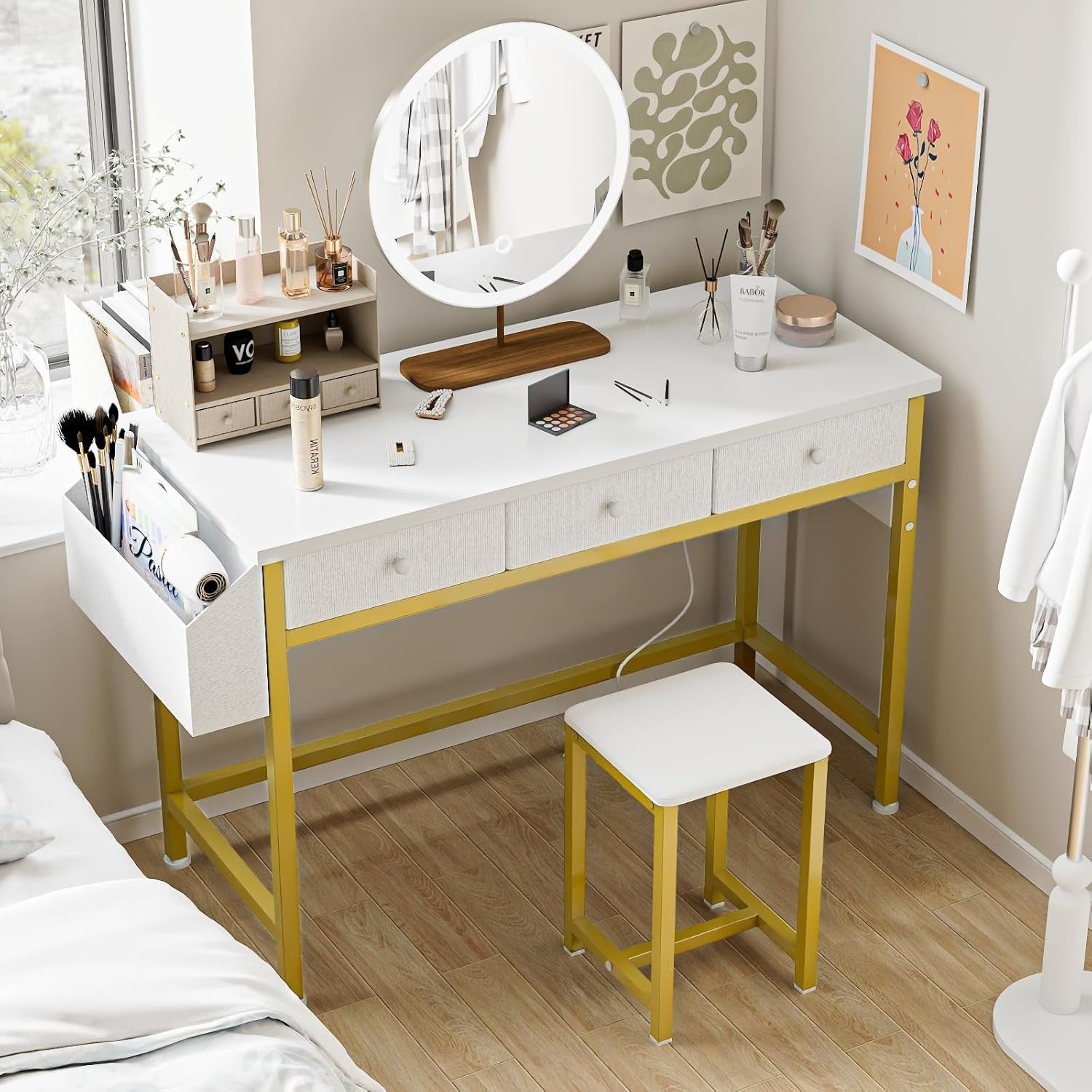 White Makeup Vanity Desk Set Compact Dressing Table 3 Drawers & Stool