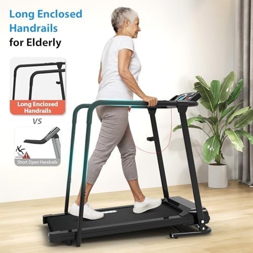 Foldable Senior Treadmill with Handrails 300lb Capacity Heart Rate Monitor