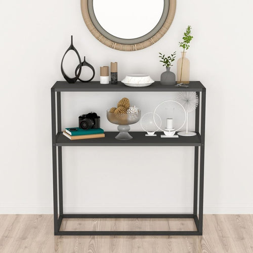 Slim Console Table 90cm with 2 Shelves, Metal Frame, Anthracite Finish