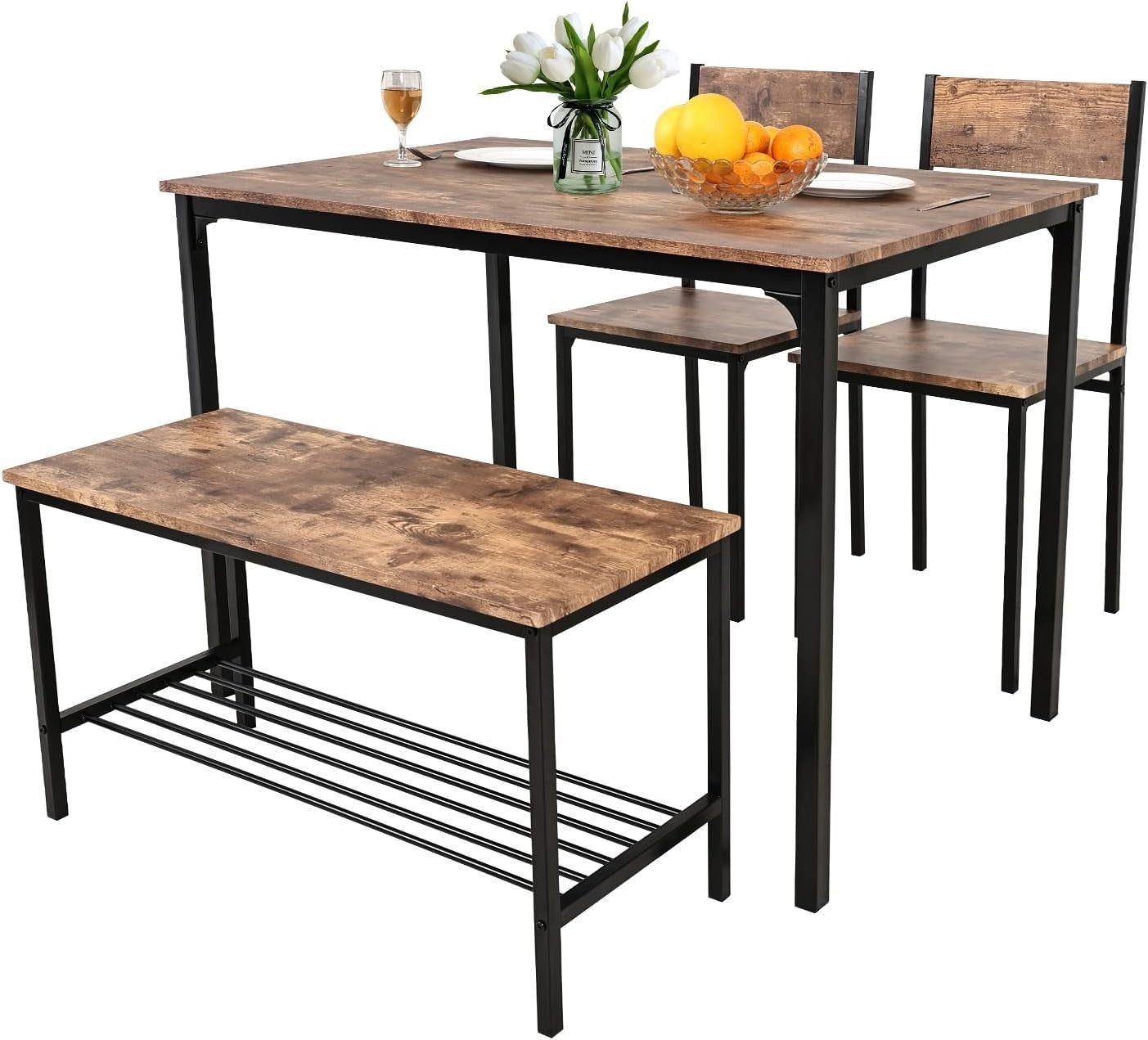 Rustic Dining Table Set with Bench & 2 Chairs – Space-Saving Kitchen Furniture