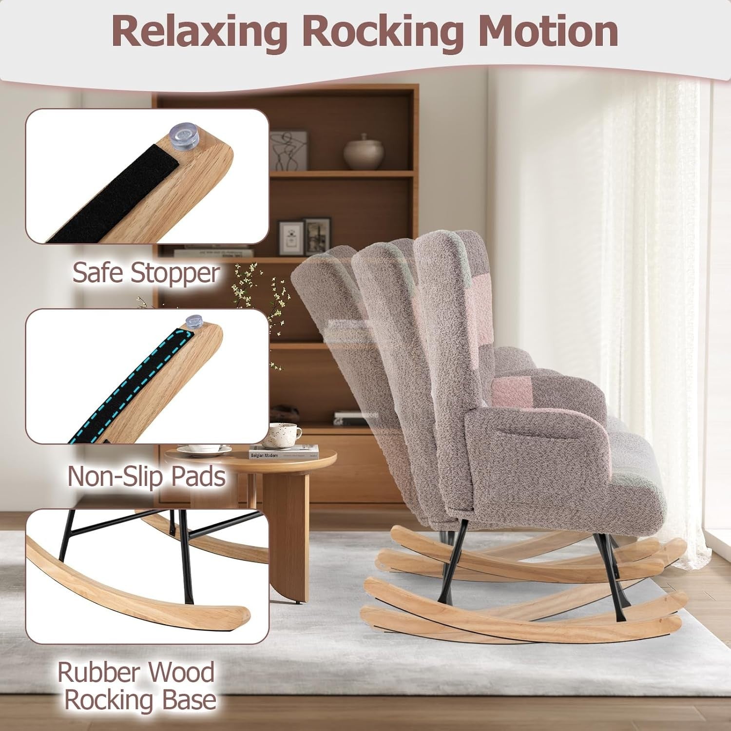 Tufted Rocking Armchair Boucle Fabric Wingback Chair for Nursery, Lounge