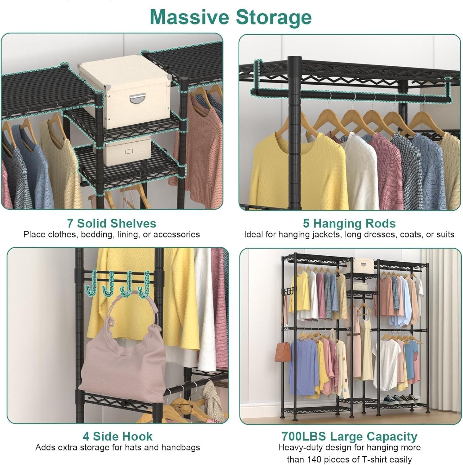 Adjustable Clothes Rail 5 Rods & 7 Shelves – Black 195cm