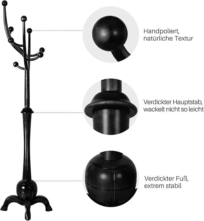 Solid Wood Coat Rack 180cm Tree Stand with 8 Hooks Black Freestanding