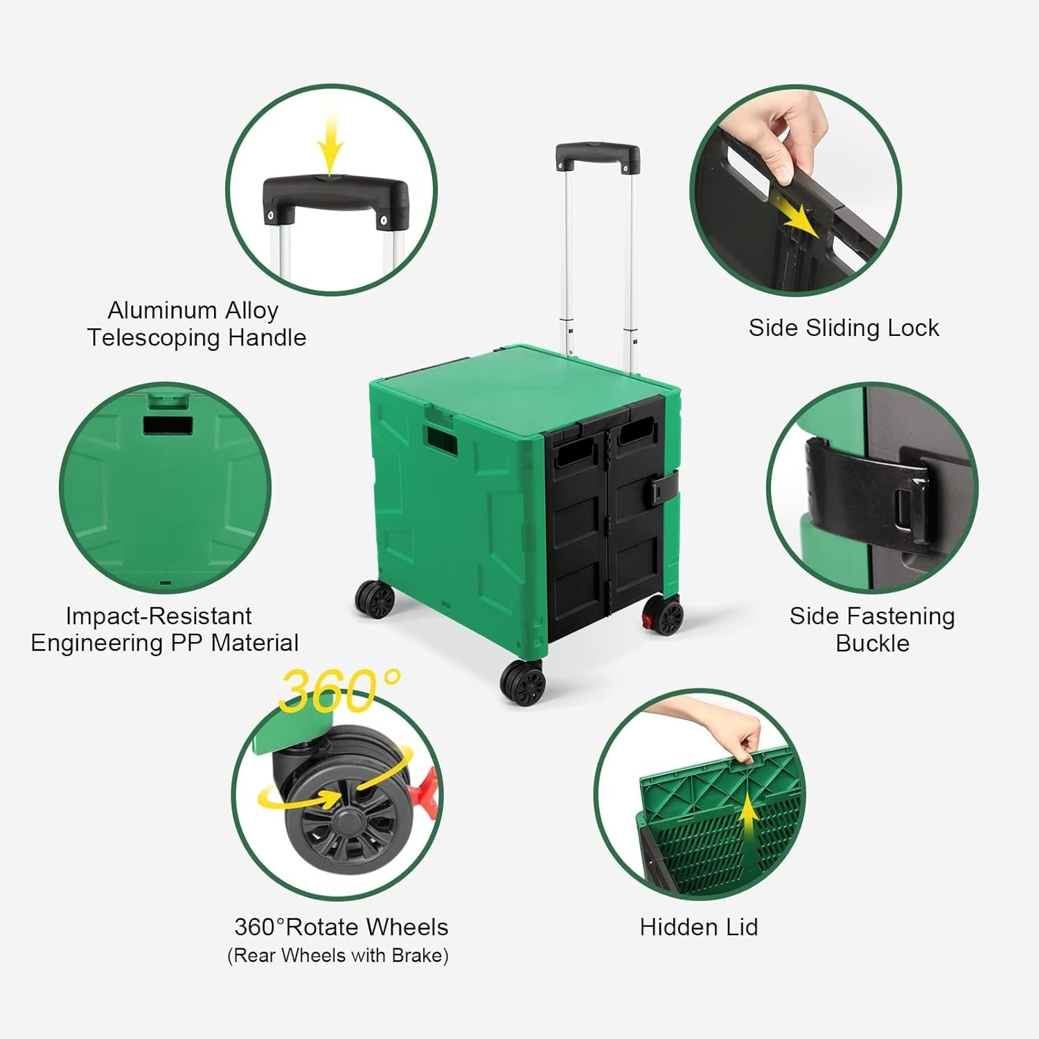 Foldable Rolling Shopping Trolley Cart Box 50Kg Portable w/ Lid Green