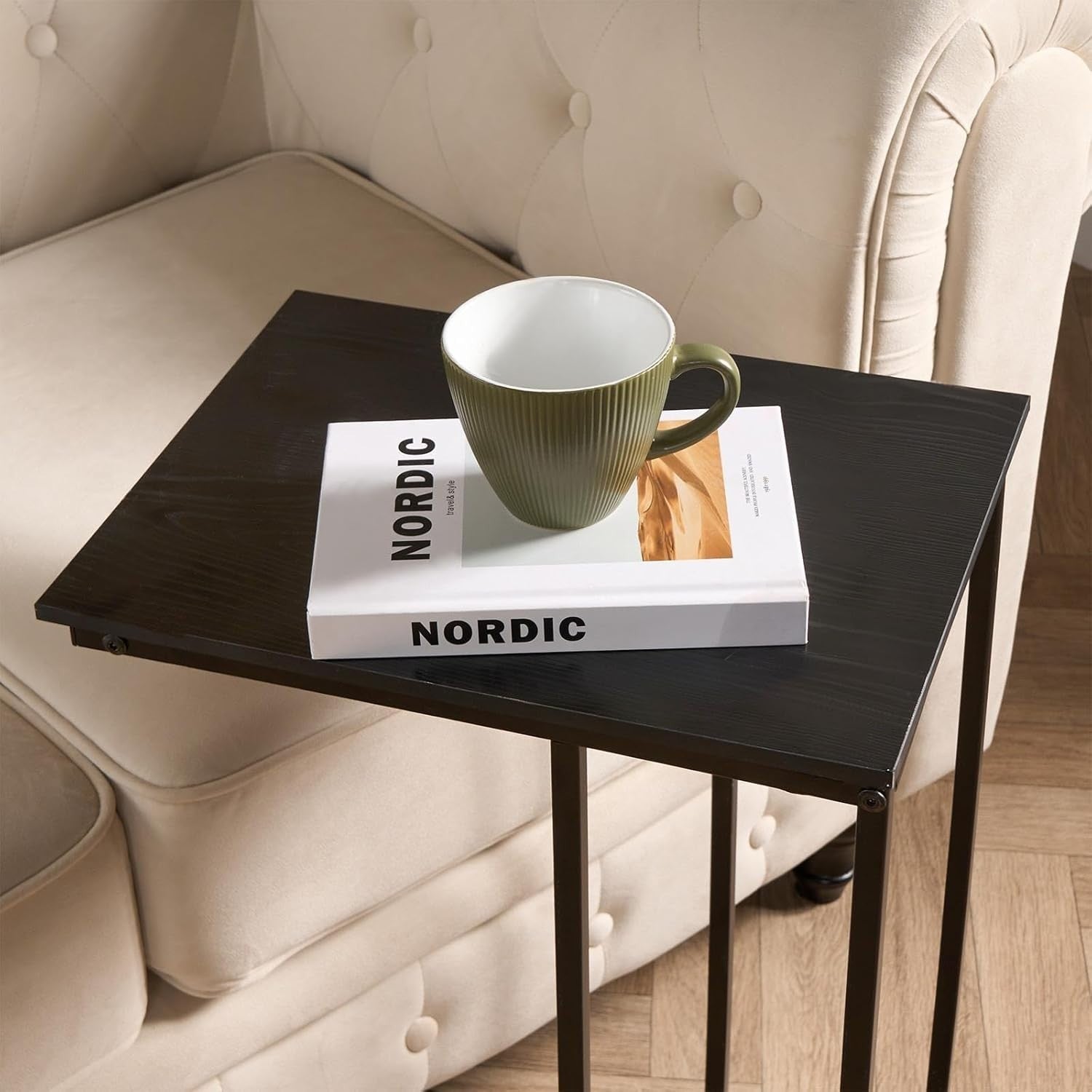 Black Marble C-Shaped Sofa Side Table – Space-Saving Modern End Table