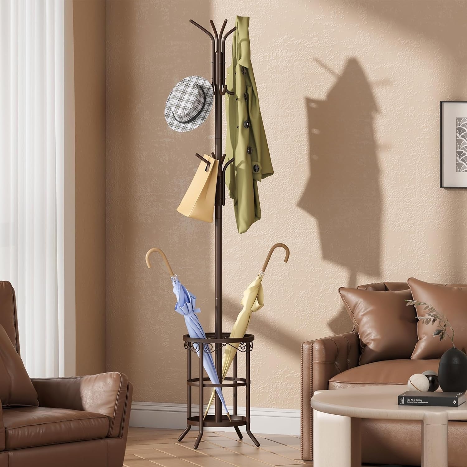 Freestanding Metal Coat Rack 12 Hooks with Umbrella Holder Brown Stand