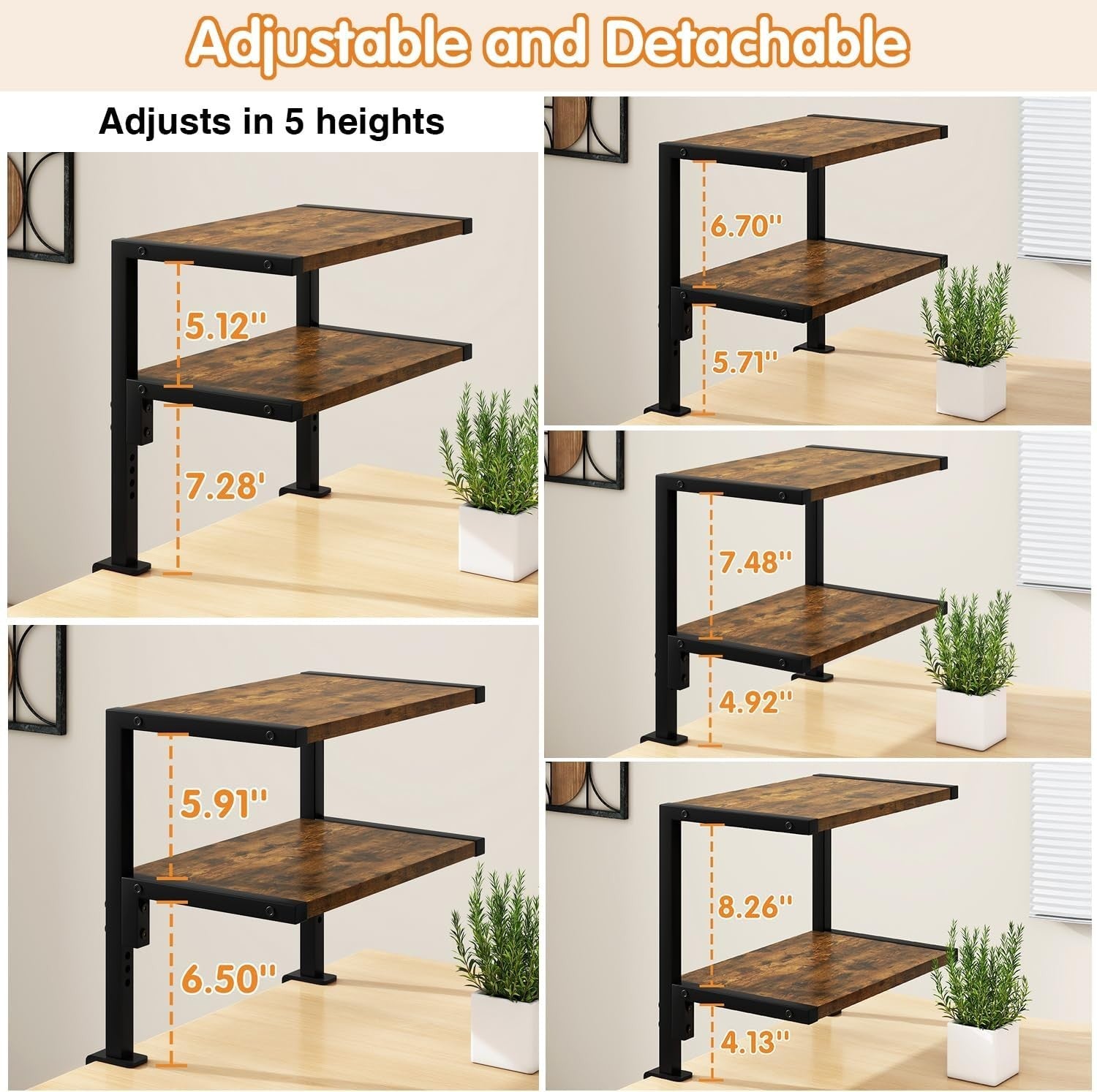 Clamp-On Desk Organizer Shelf 2-Tier Adjustable Storage Rack Rustic Brown 33cm