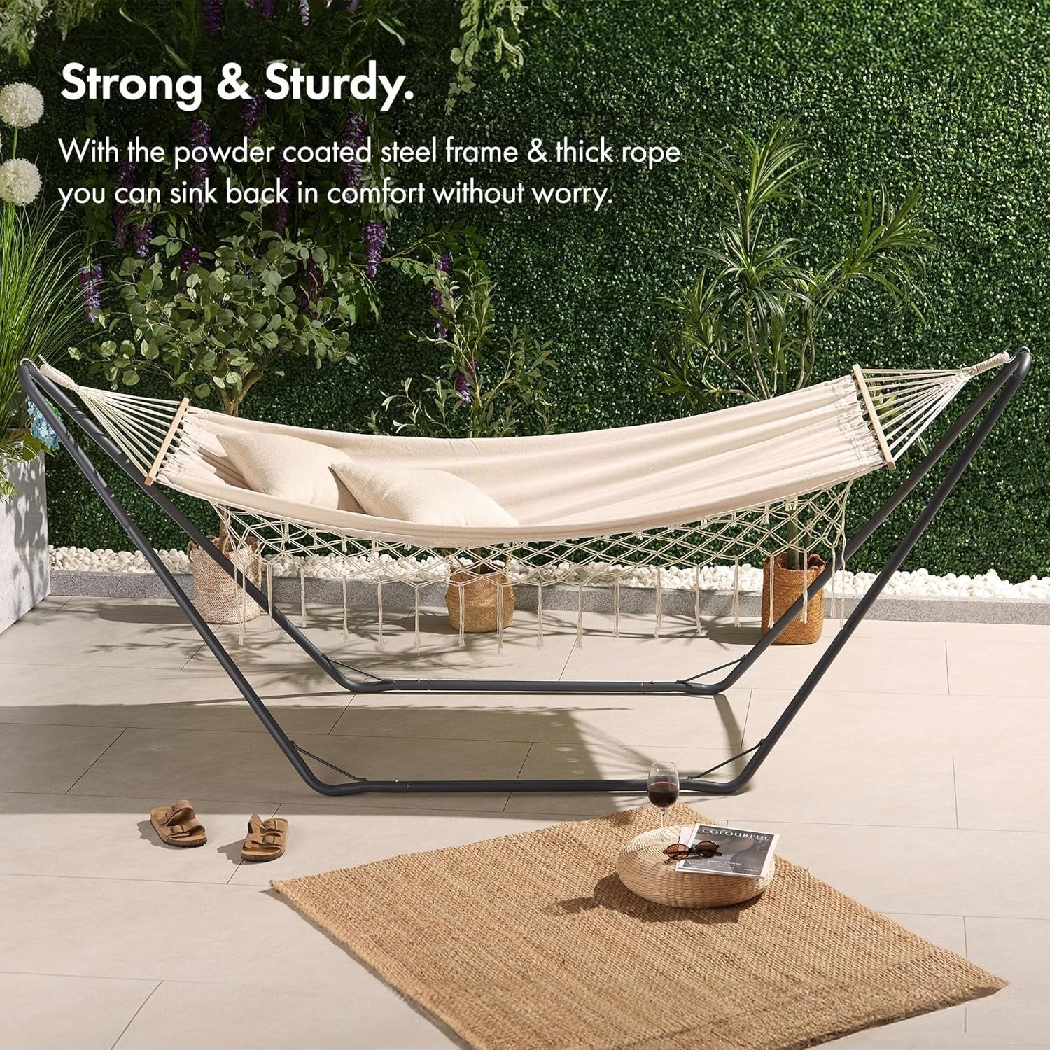 Boho Fringe Garden Hammock with Stand – 1 Person, Beige, Portable & Comfy