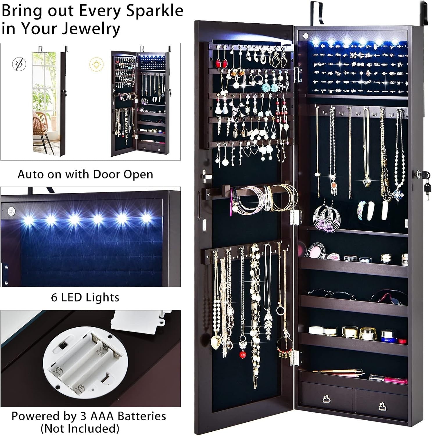 Brown LED Jewelry Armoire Wall Door Mounted Lockable Full Length Mirror