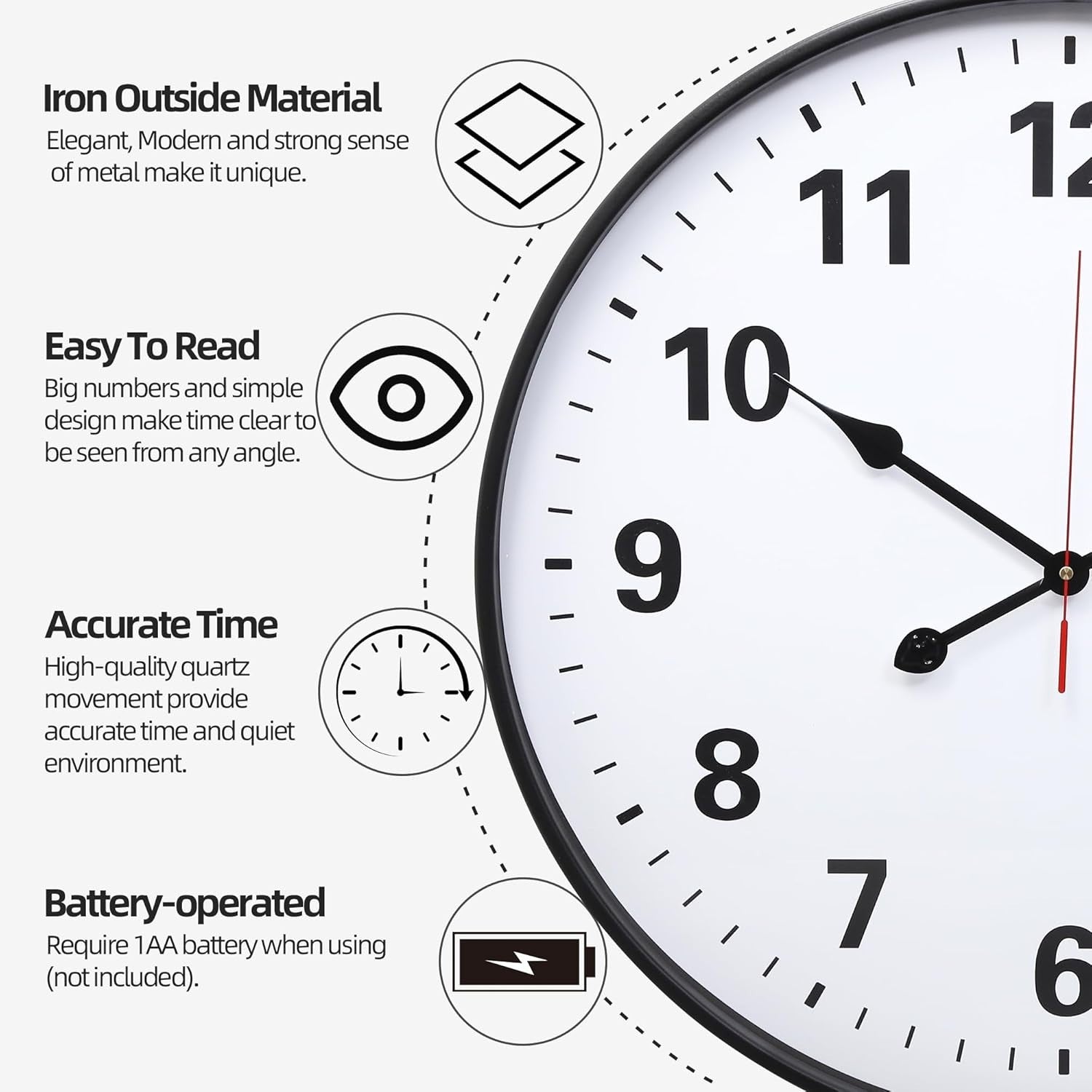Large 24in Silent Wall Clock Black Metal Modern Quartz Indoor Outdoor