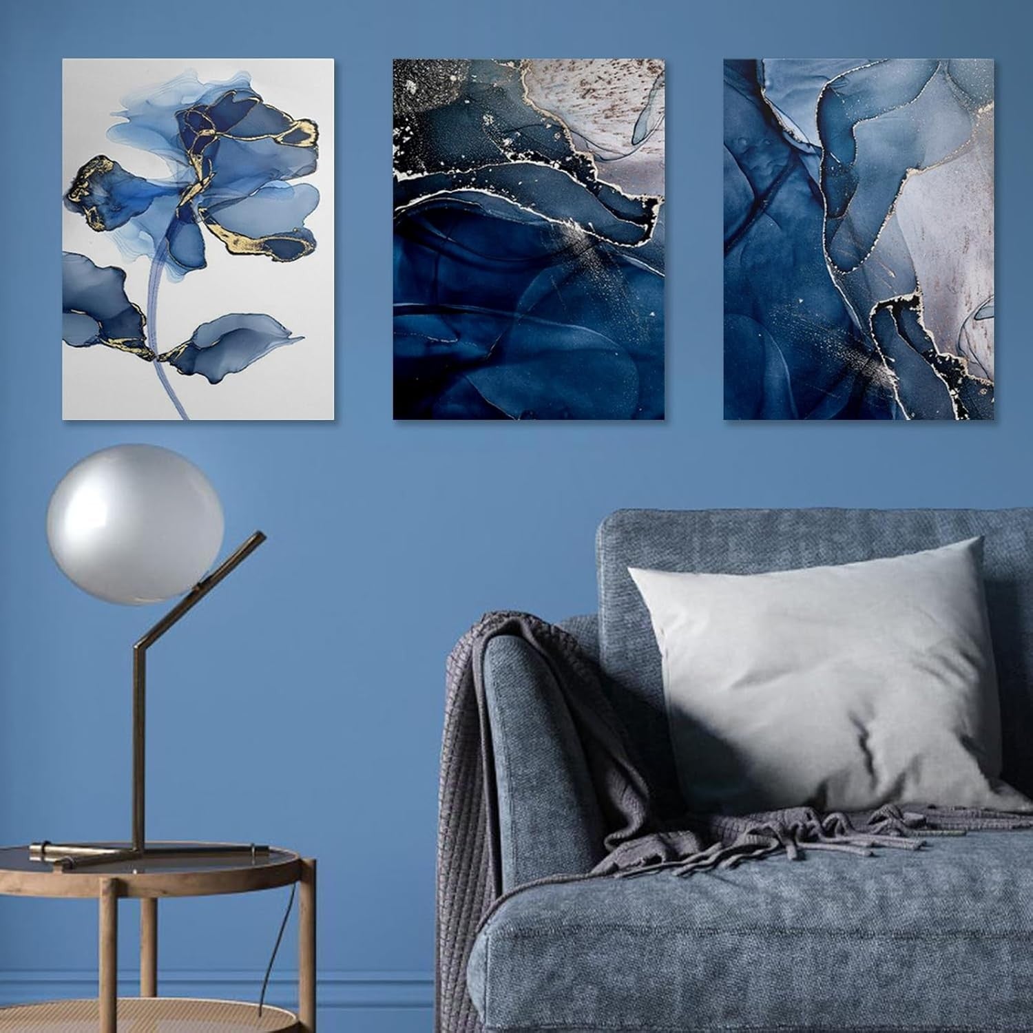 Blue Flower Wall Art Set of 3 Framed Canvas 12x16in Bedroom
