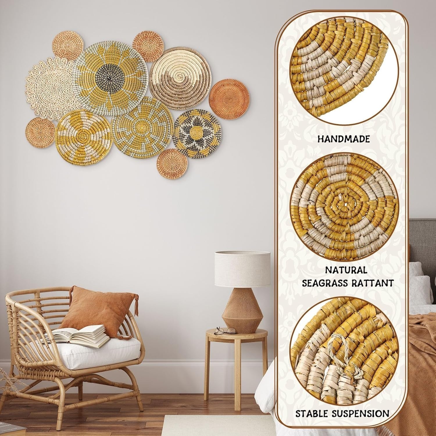 Boho Wall Basket Decor 11pcs Multi-Size Bulrush Rustic Lively