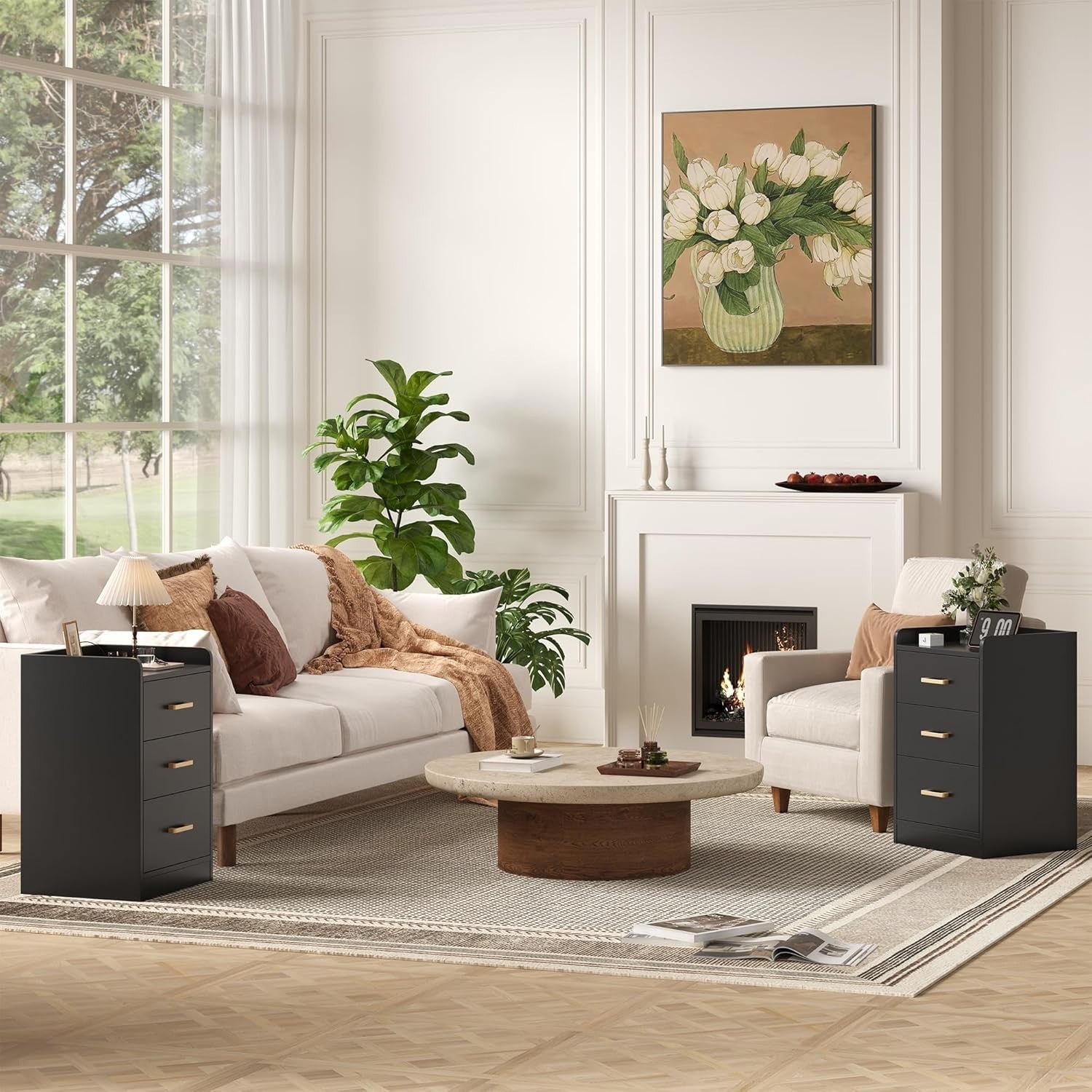 Black Bedside Table with USB Charging Station 3 Drawers Modern Nightstand