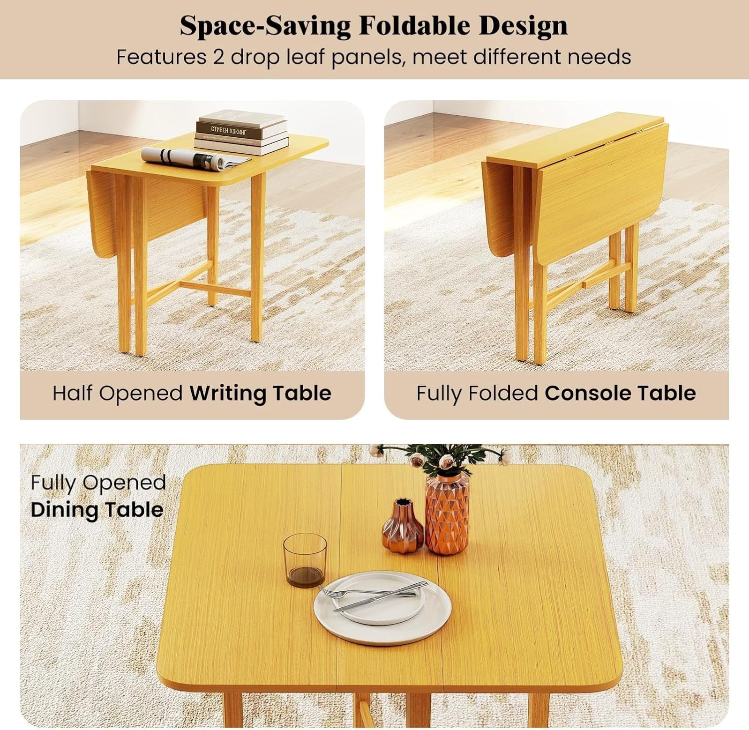 Extendable Drop Leaf Dining Table with Rubber Wood Legs for Small Spaces