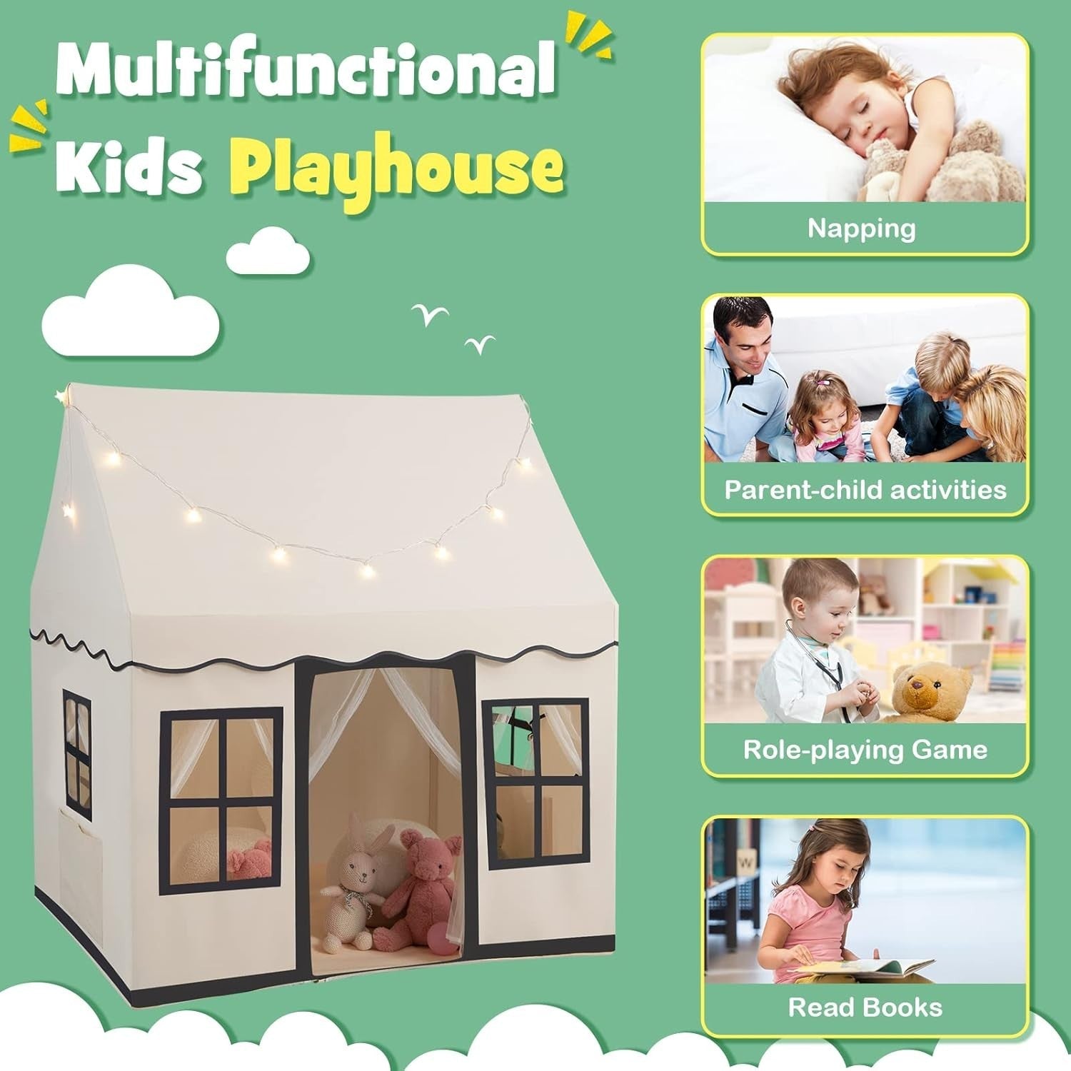 Kids Castle Play Tent Indoor Outdoor w Star Lights Mat Large Playhouse