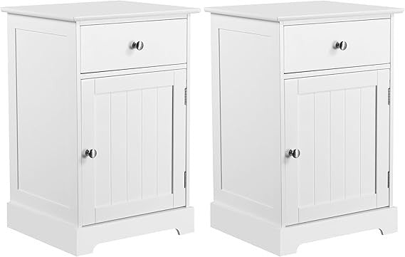 White Bedside Tables Set of 2 | Wooden Nightstands with Drawer & Cupboard