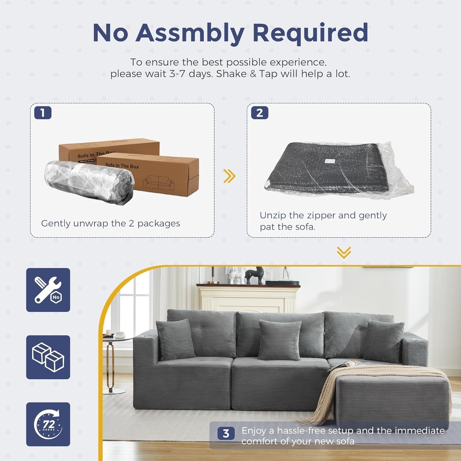 Grey L-Shape Modular Corner Sofa with Cup Holder Memory Foam Deep Seat