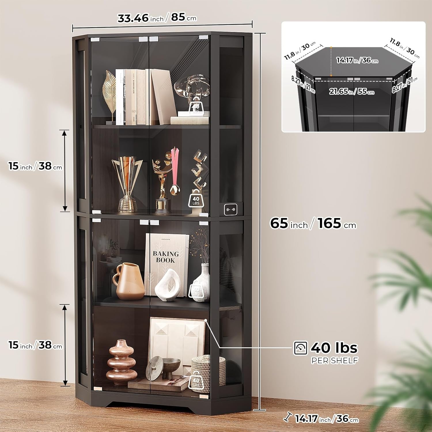 65" Tall LED Display Cabinet Corner Glass Shelves With Sensor Modern Storage