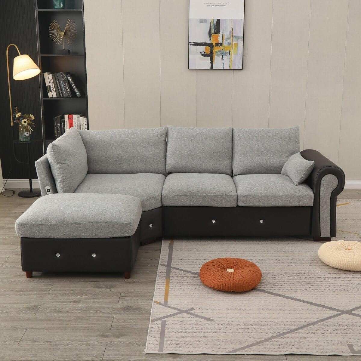 4 Seater Corner Sofa with USB Port & Chaise – Faux Leather Linen, Sturdy Frame