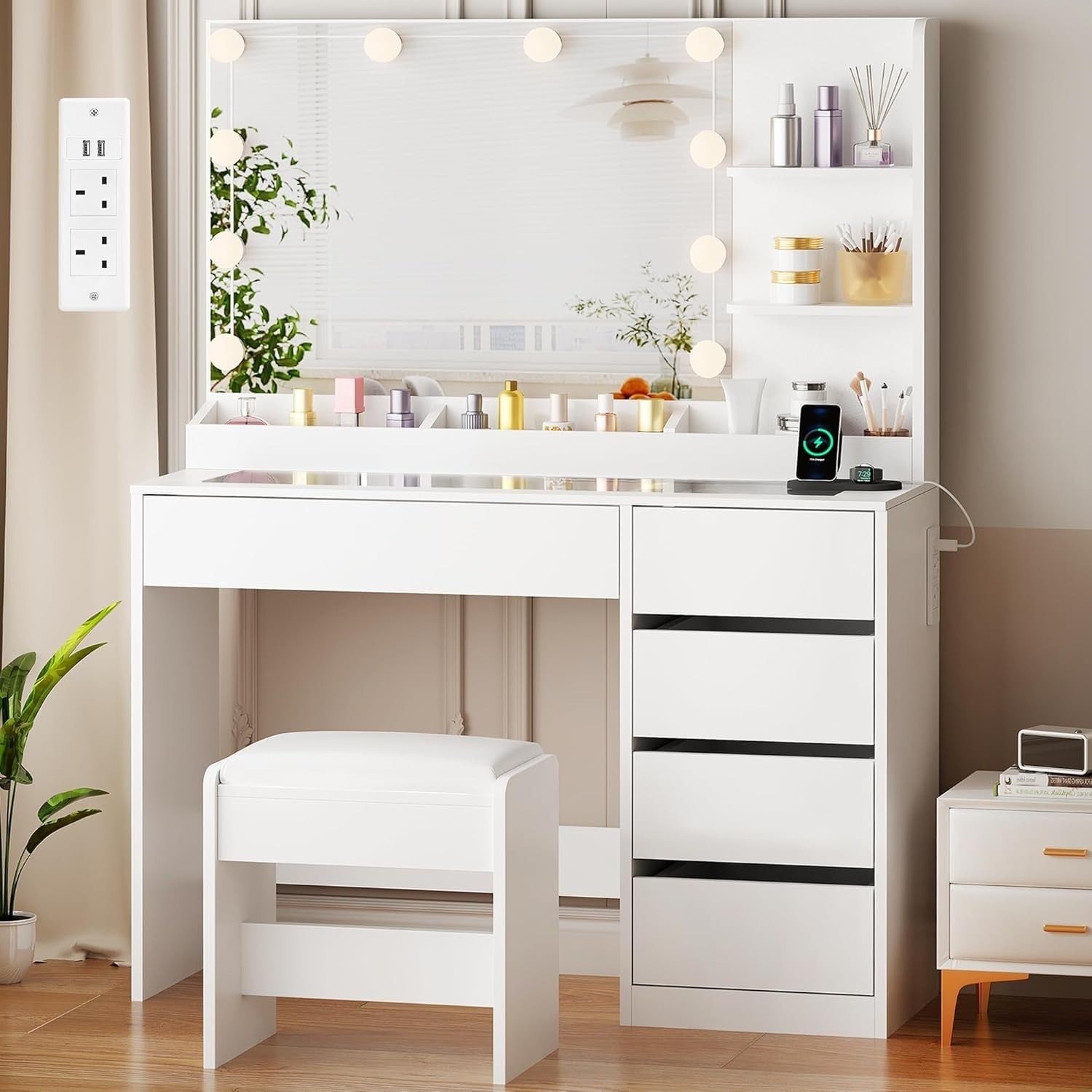 White Vanity Dressing Table Set LED Mirror Glass Top Charging Station 5 Drawers