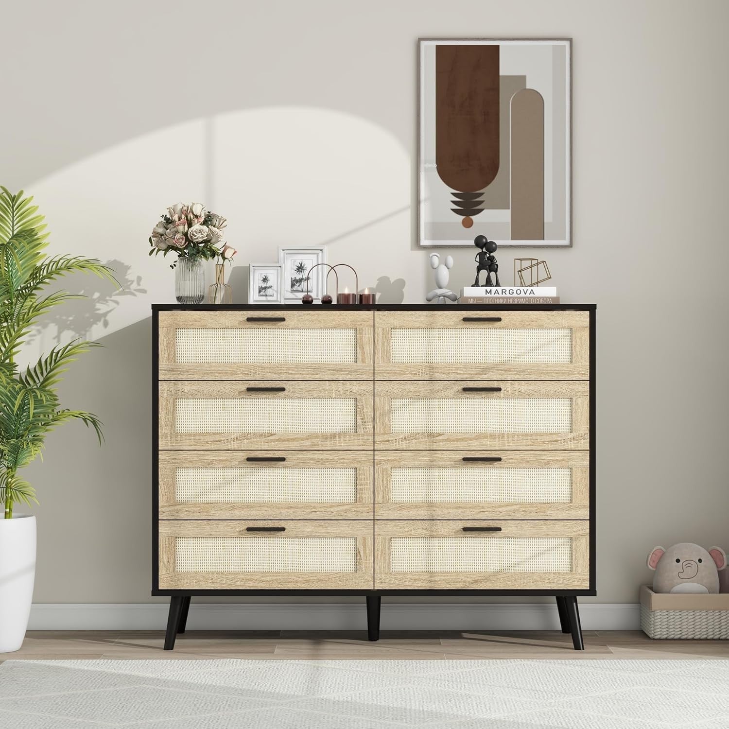 Rattan Chest of 8 Drawers Black Wood Storage Unit Bedroom Hallway Modern