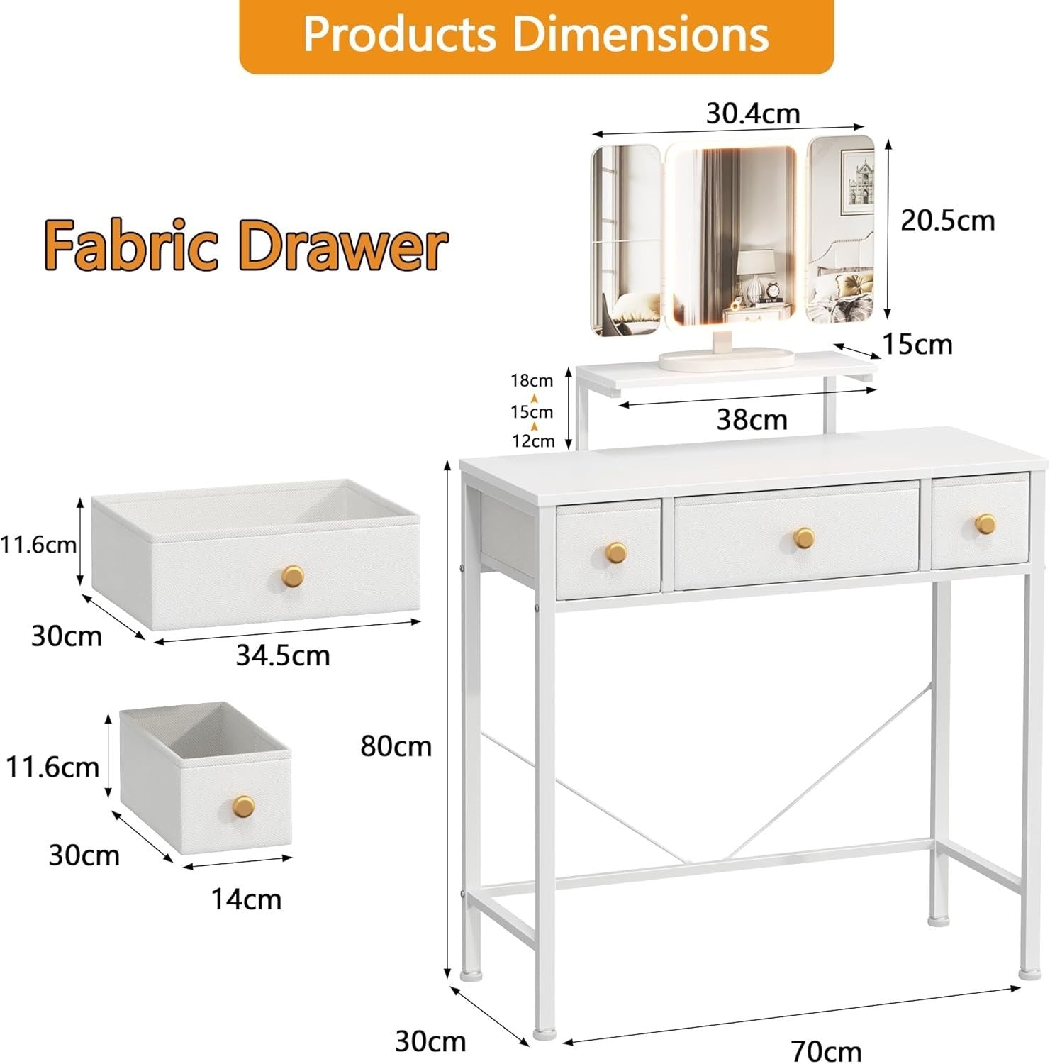 Vanity Makeup Dressing Table Desk 3-Fold LED Mirror Adjustable Height 3 Drawers