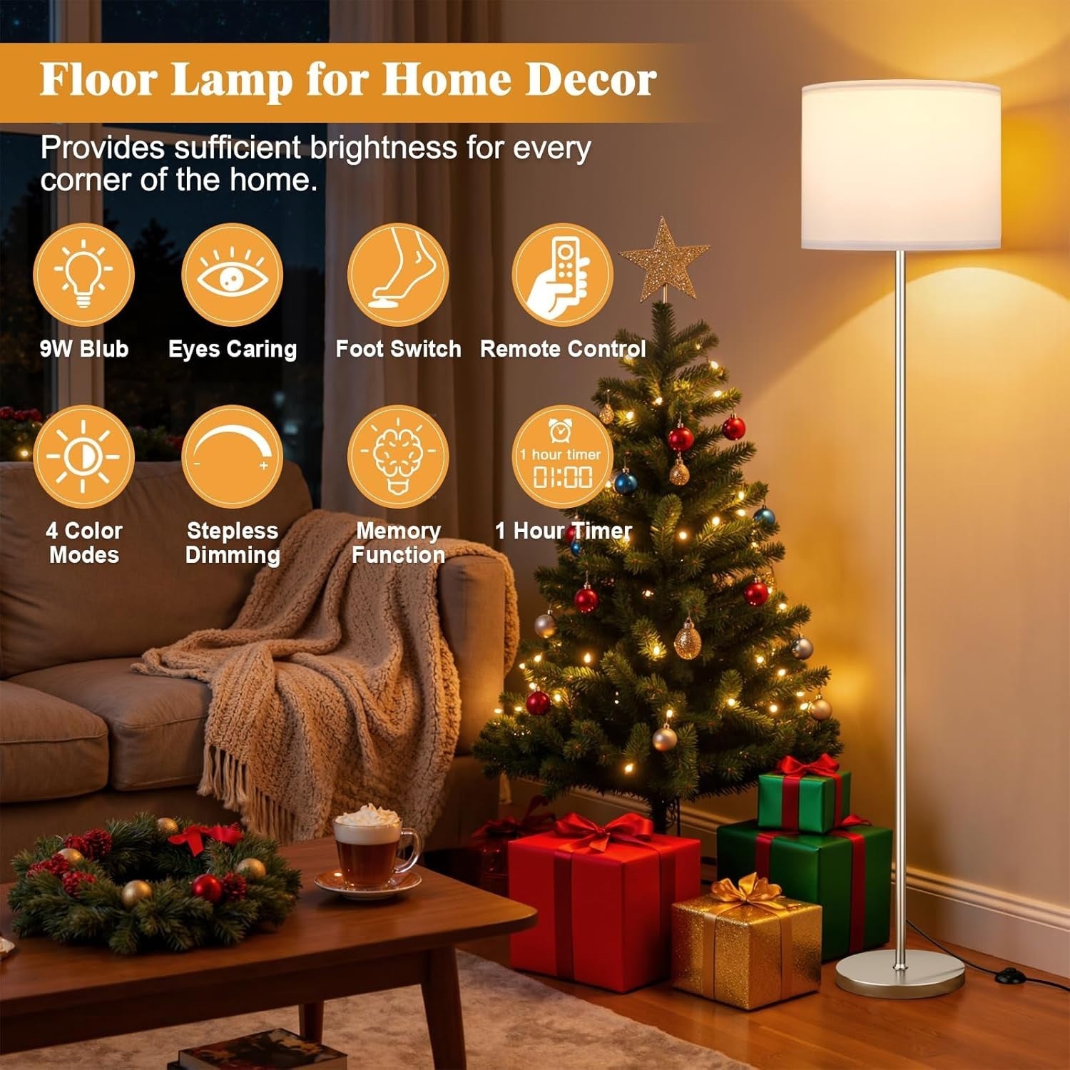 Modern Floor Lamp with Remote Dimmable White Shade Silver Pole 153cm 9W