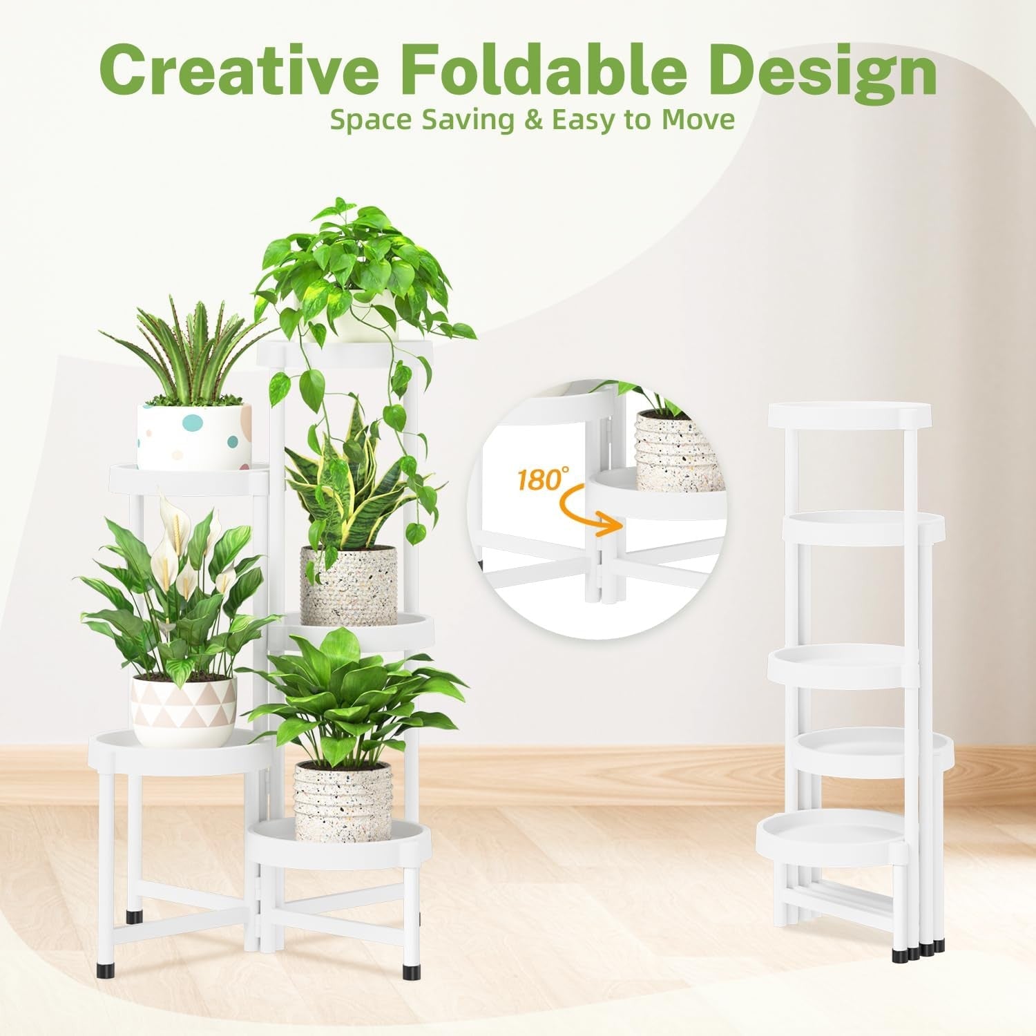 5 Tier Folding Plant Stand Indoor Outdoor | White Metal Corner Flower Rack
