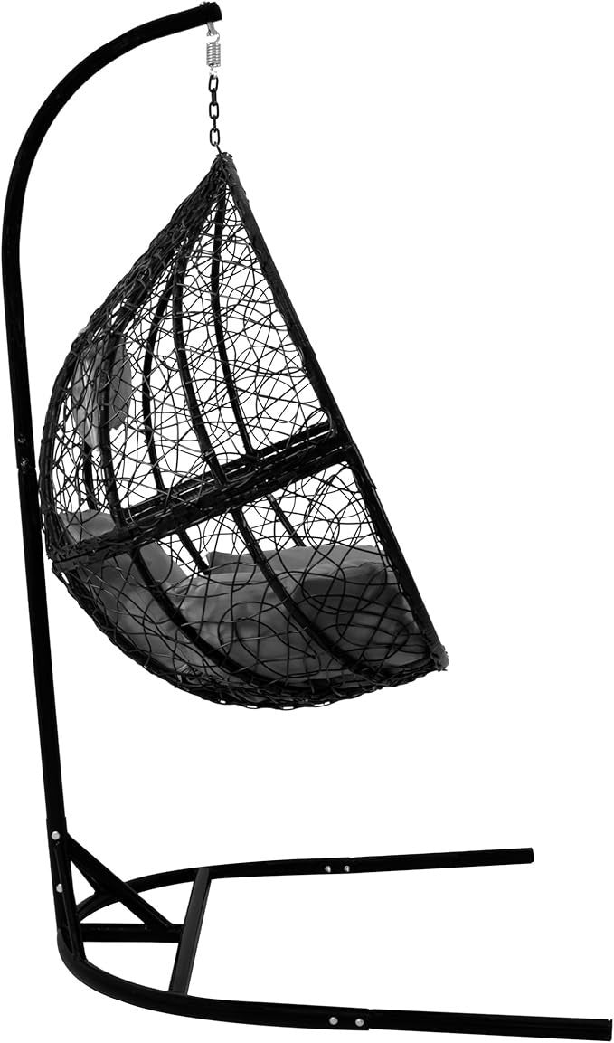 Hanging Egg Chairs x2 Black Rattan Swing with Cushions Indoor Outdoor Patio