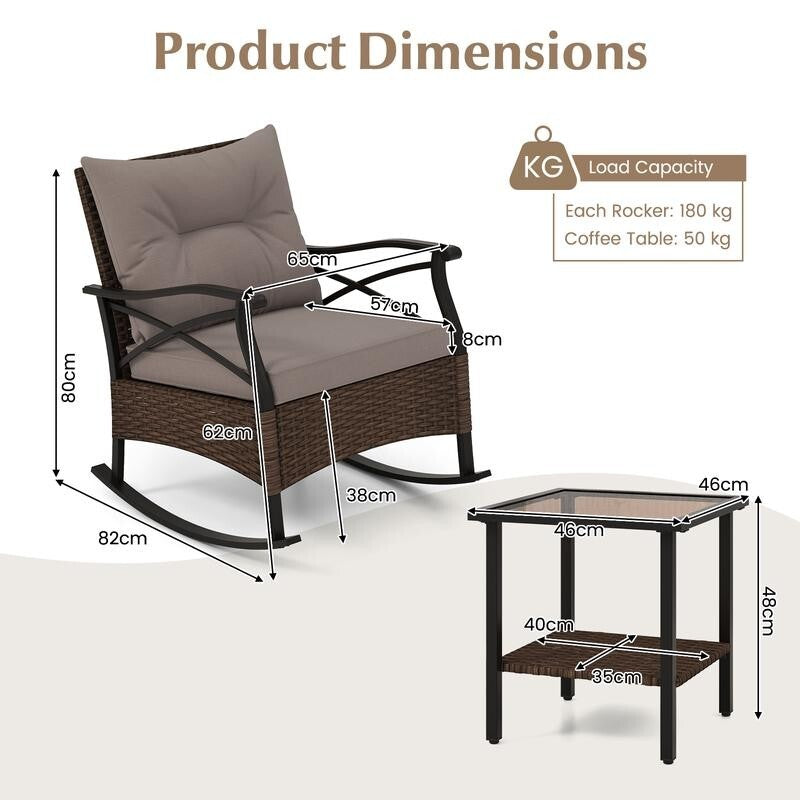 3PC Rattan Rocking Chair Set with Cushions & Glass Table for Garden Patio