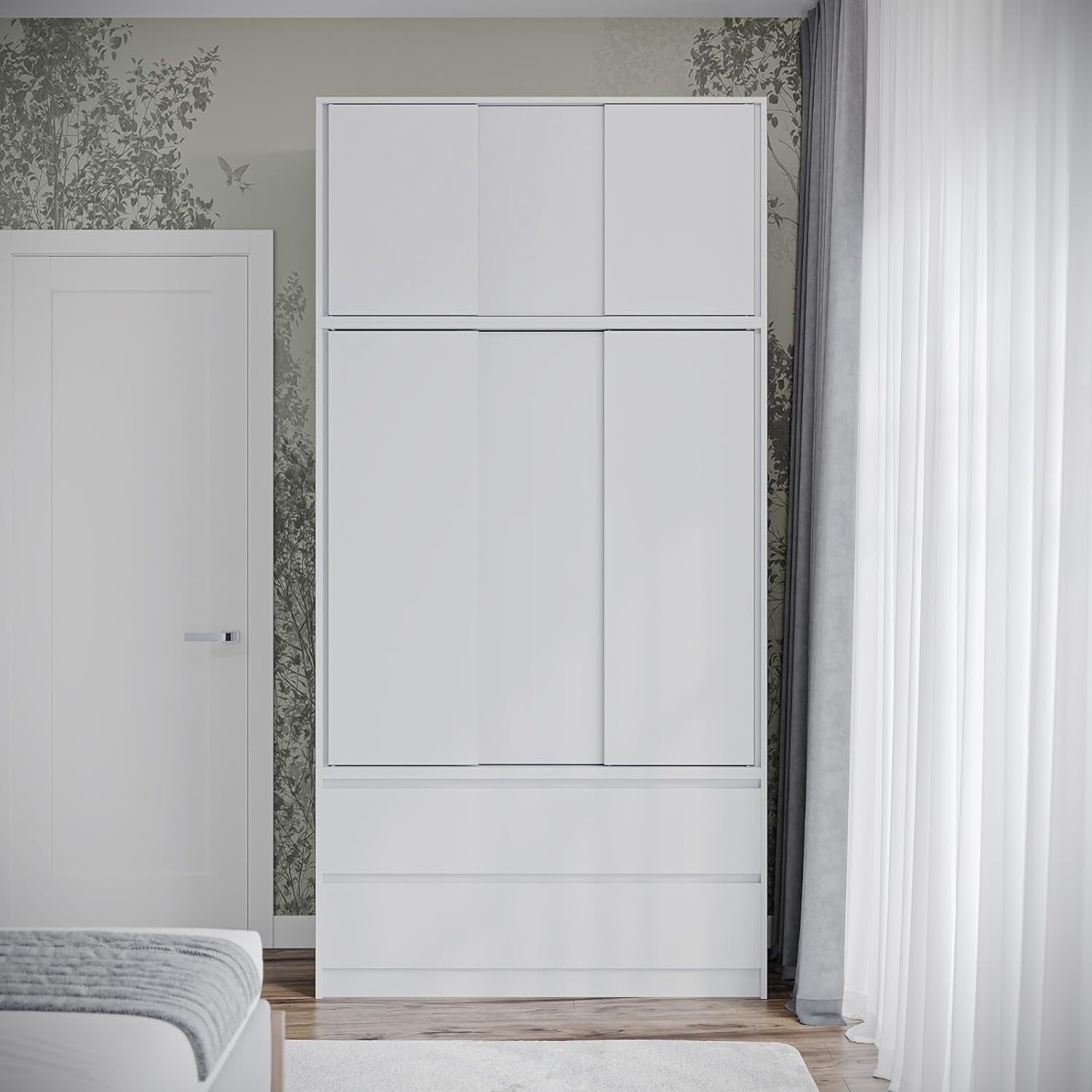 White Sliding Wardrobe 240cm 6 Doors 4 Drawers Bedroom Closet Storage Unit