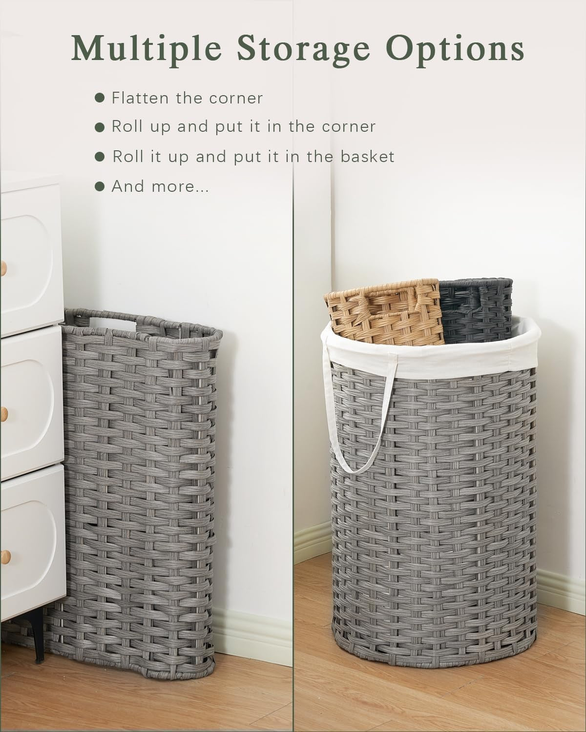 72L Grey Round Wicker Laundry Basket with Lid Handwoven Rattan Hamper