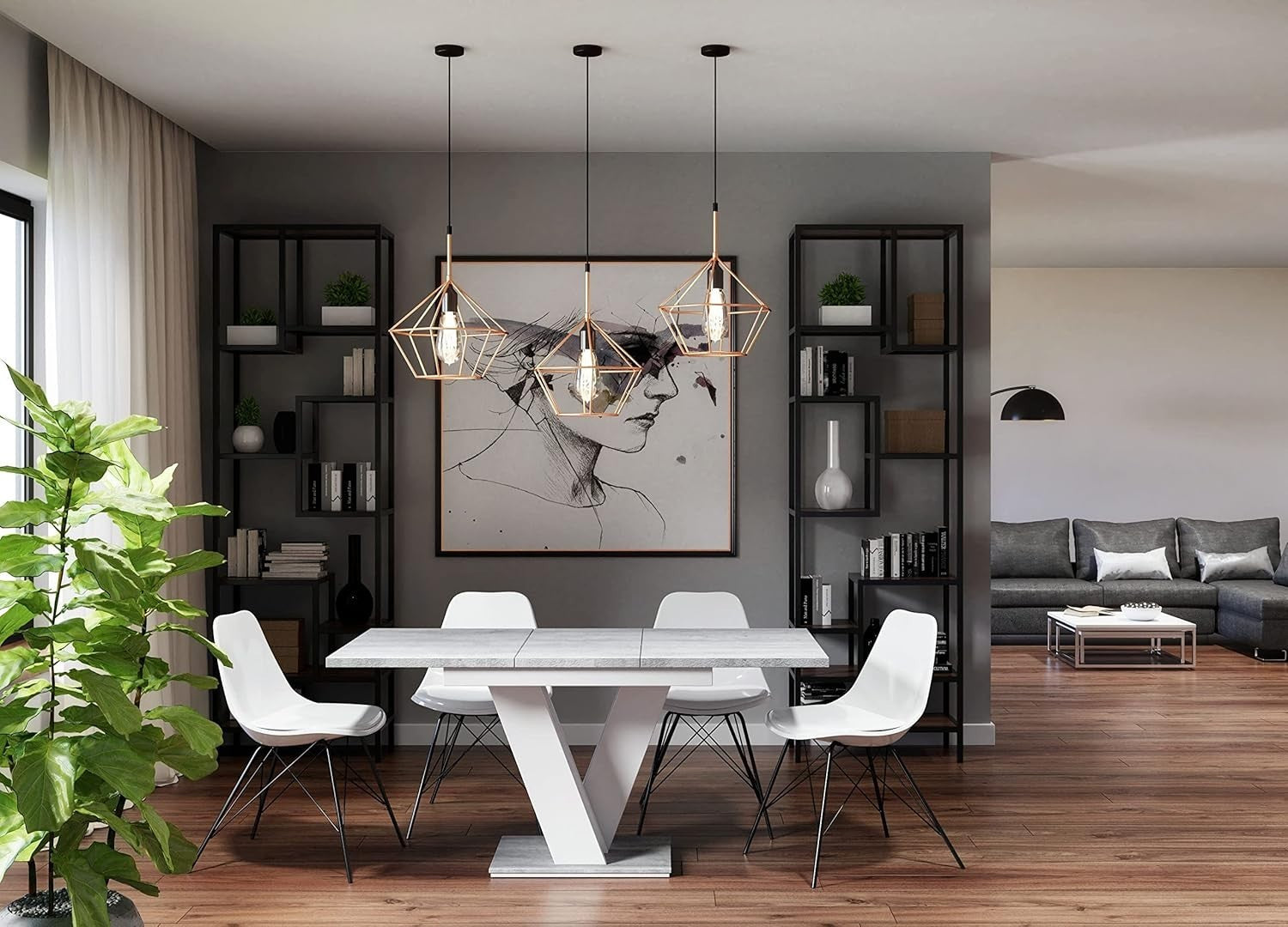 Extendable White Dining Table Gloss Stone Effect 4-6 Seater Small Spaces