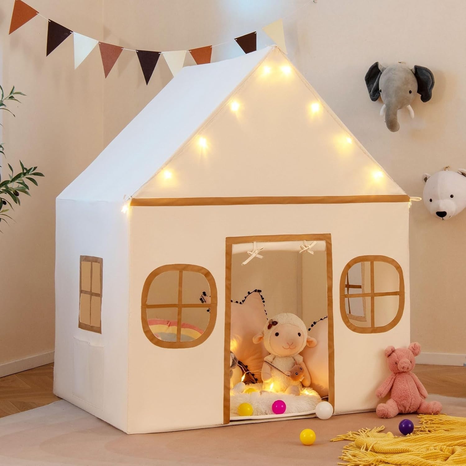 Large Kids Castle Playhouse Tent w Star Lights Non Slip Mat Storage