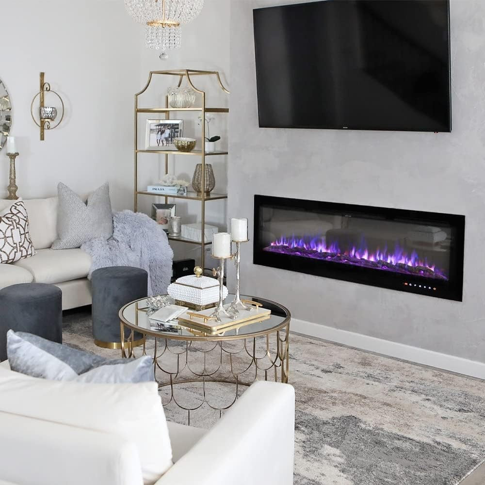 70" Wall Electric Fireplace Insert LED Crystal Flame Heater Remote