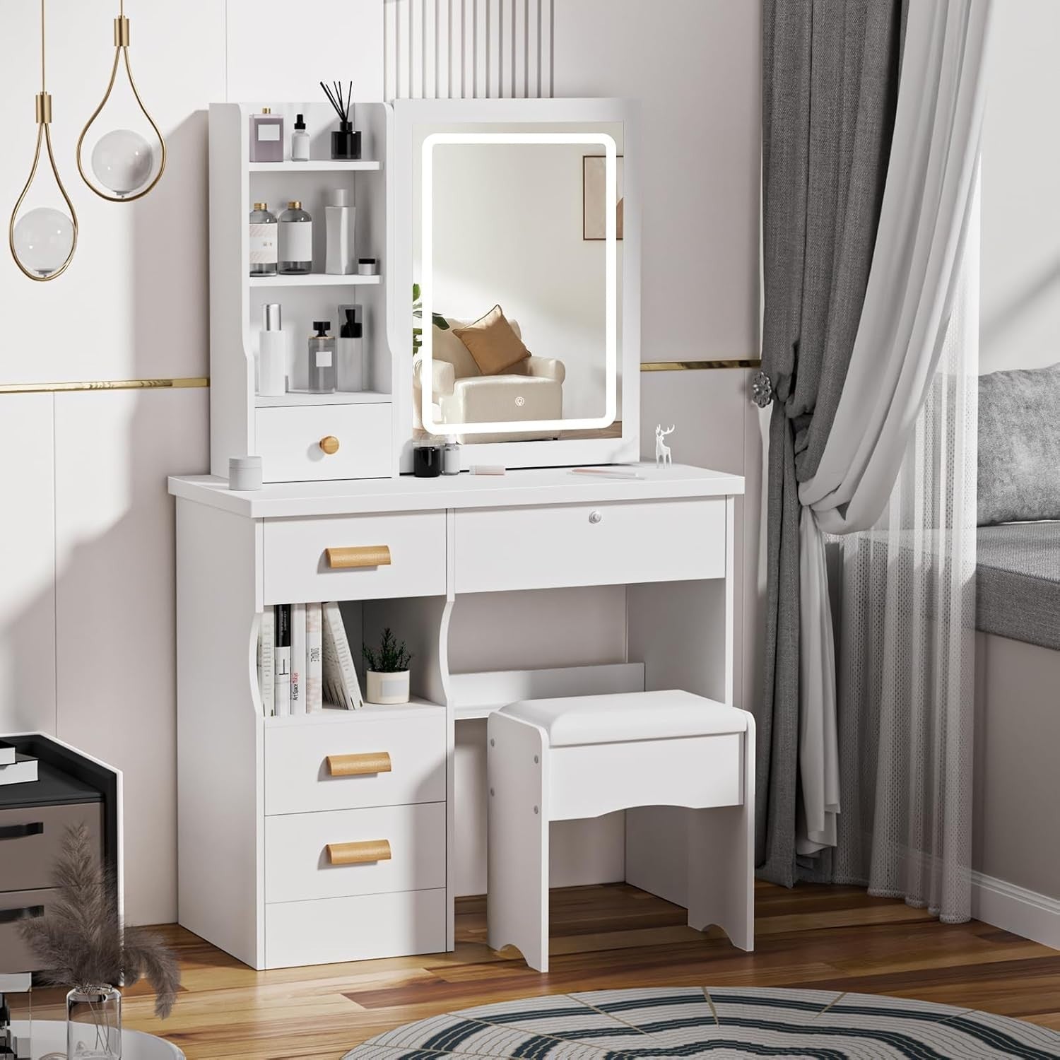 White Dressing Table Makeup Vanity Desk w/Mirror LED Lights Storage Drawers Smal