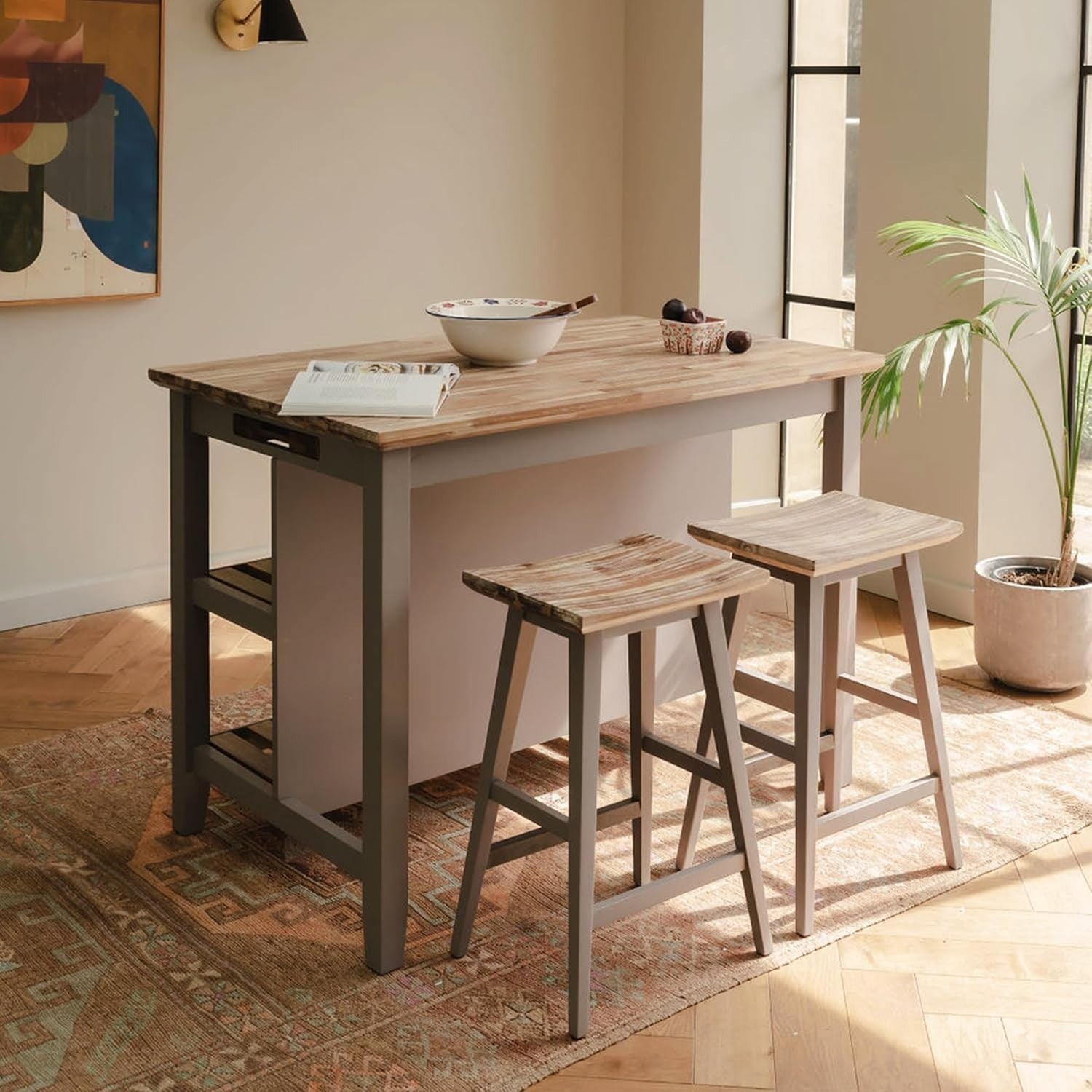 Breakfast Bar with Acacia Wood Top Storage Shelves Kitchen Island Truffle Home