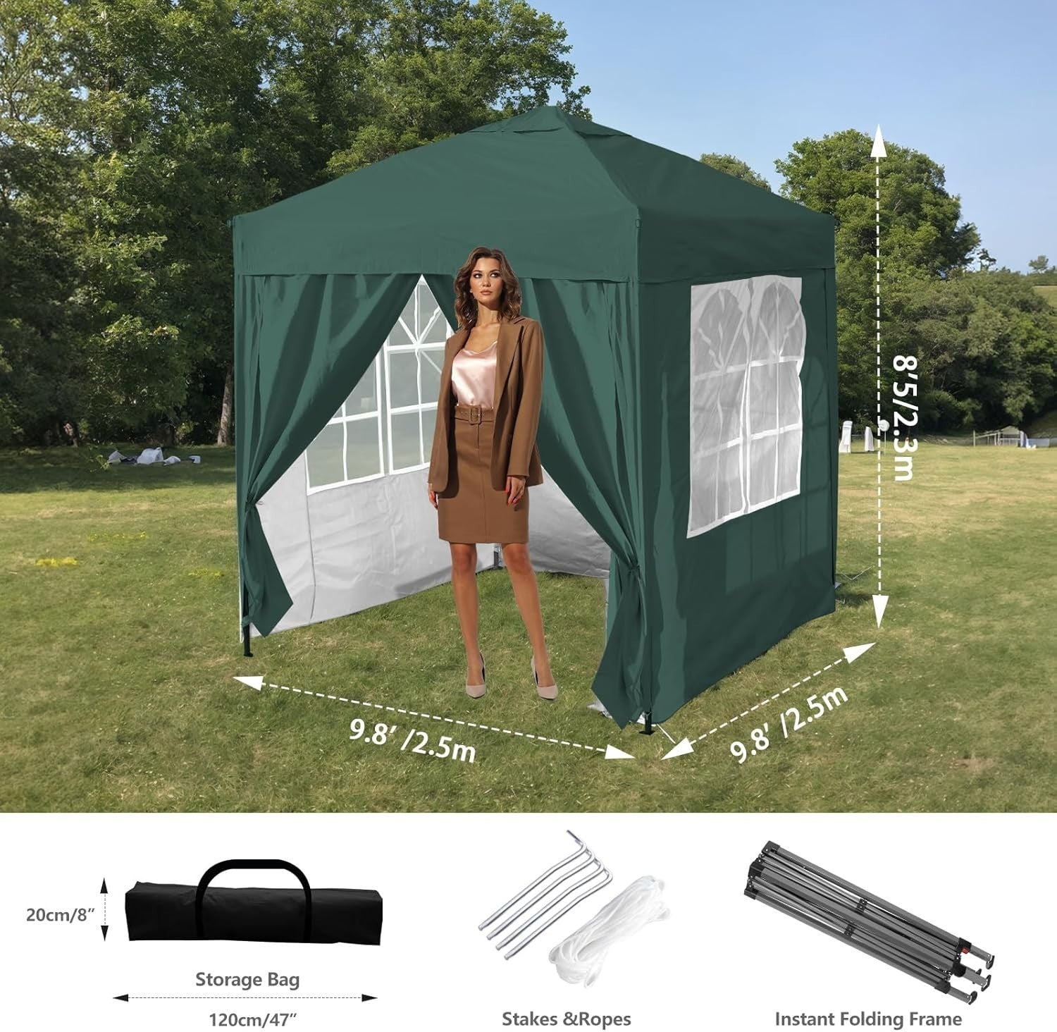 3x3M Green Pop Up Gazebo with 4 Removable Sidewalls Waterproof Heavy Duty Party