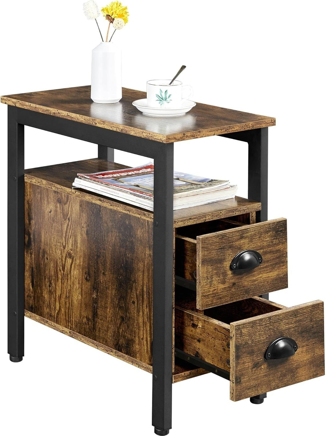 Slim Bedside Table with Drawers & Shelf for Small Spaces – Rustic Storage