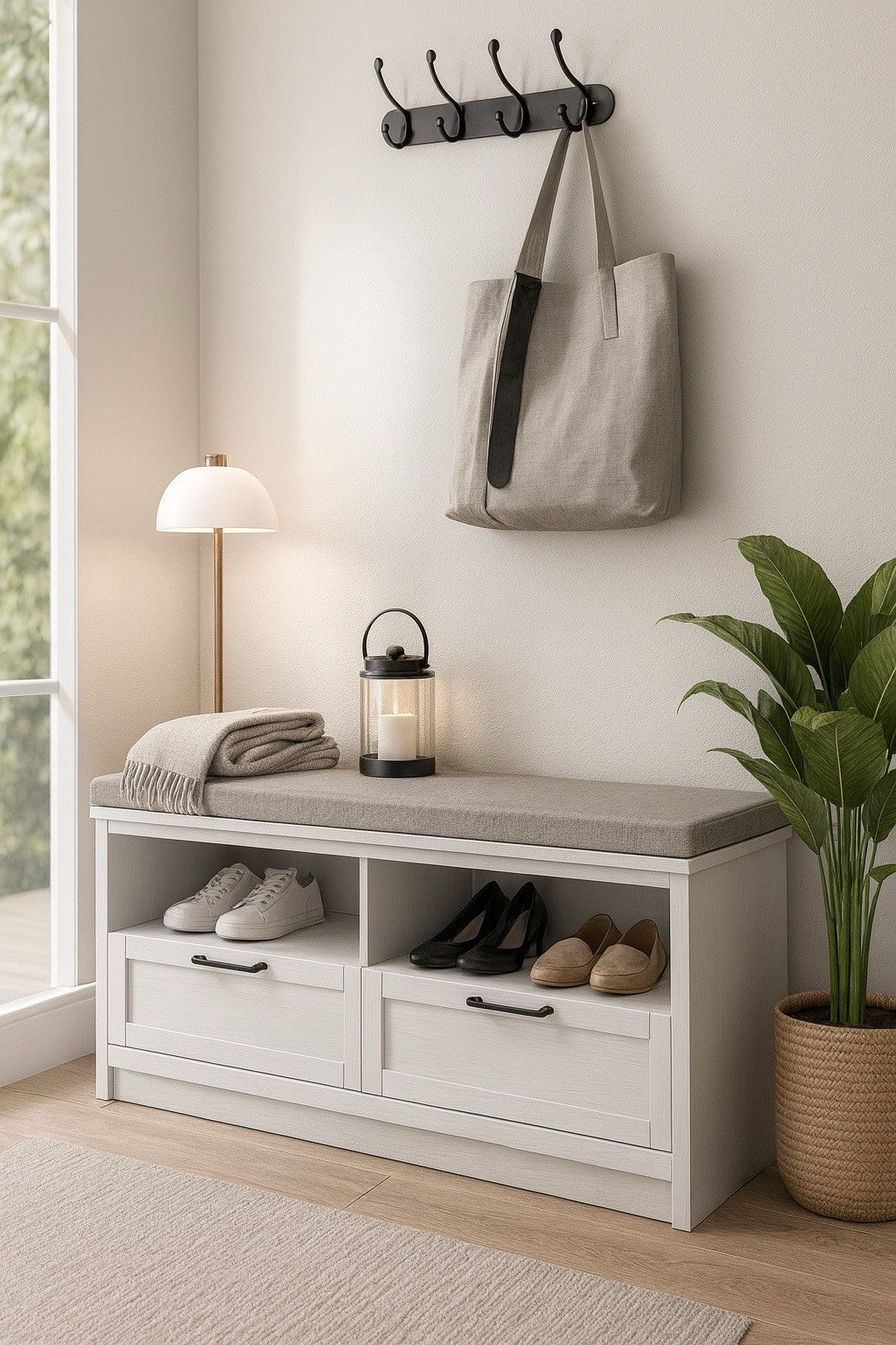 Shoe Storage Bench with Cushion Seat & Drawers – White Hallway Unit