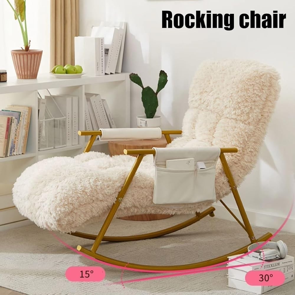 Modern Glider Rocking Chair with Teddy Upholstery & Side Pocket, Golden Legs