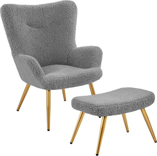 Grey Fuzzy Tub Chair with Ottoman | High Back Lounge Armchair for Living Room