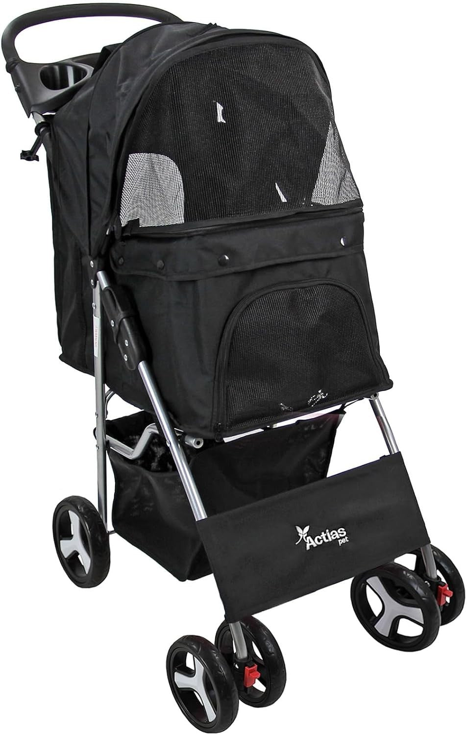 Pet Travel Stroller Dog Cat Pushchair Foldable Swivel Wheels 15kg Black