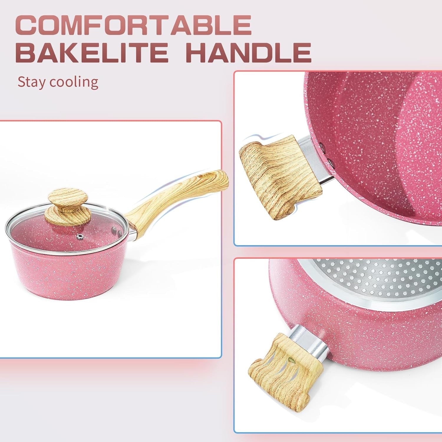 8Pcs Pink Ceramic Non-Stick Cookware Set Induction Ready Frying Pans & Saucepan