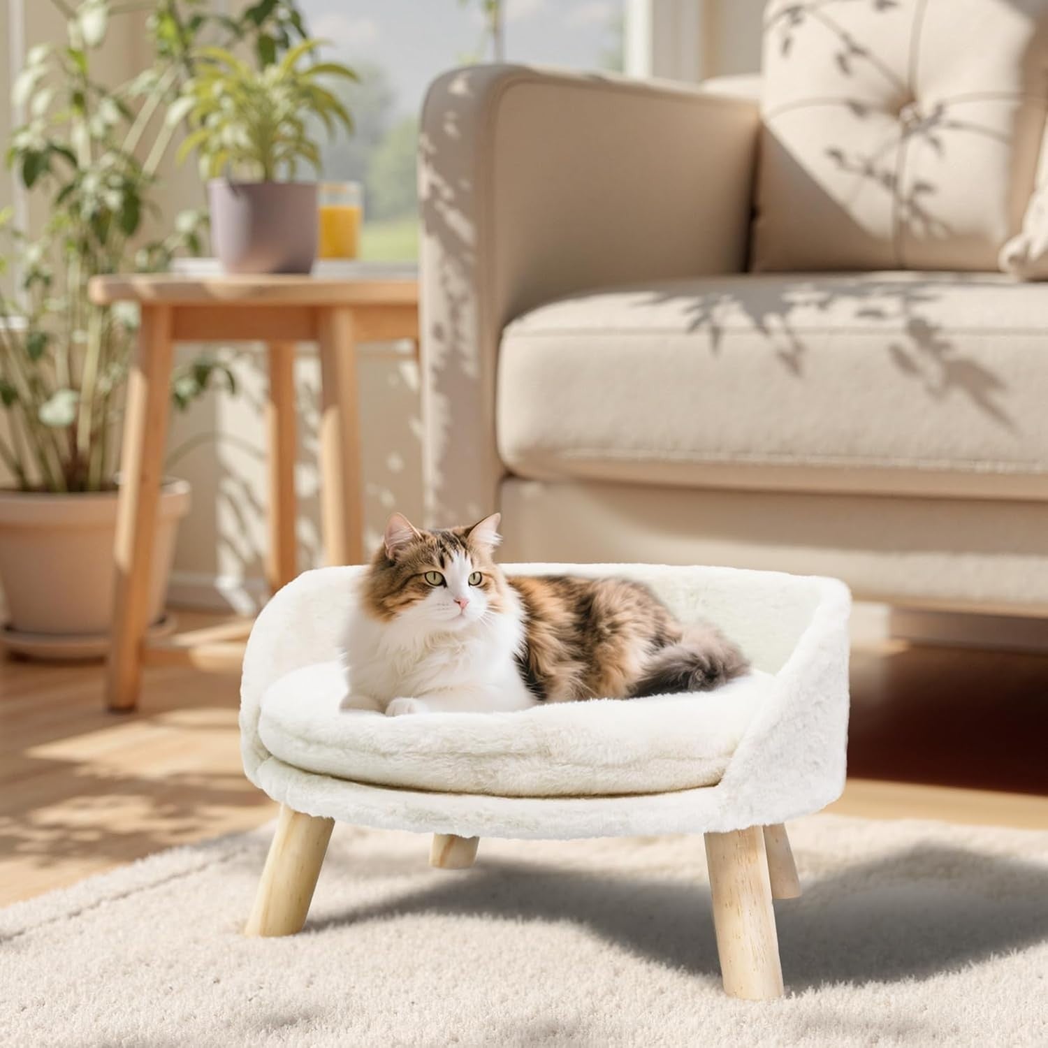 Elevated Cat Sofa Chair Bed 50cm Plush Pet Stool w Wooden Legs