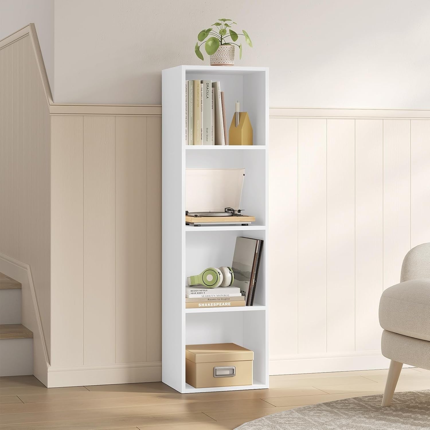 White 4 Cube Bookcase Tall Slim Storage Shelf Unit Modern Freestanding Display