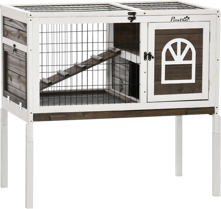 Elevated Wooden Rabbit Hutch Indoor Guinea Pig Cage Roof Ladder Tray