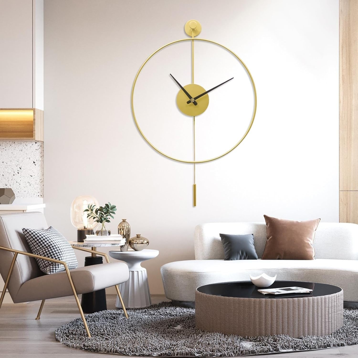 Luxury Silent Wall Clock Gold 20" Modern Metal Decor w/ Pendulum Home