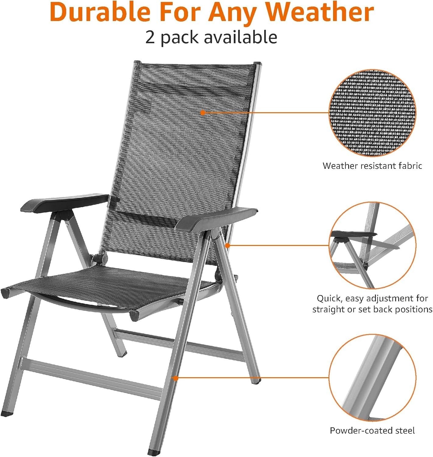 Adjustable Folding Outdoor Camping Chairs Set of 2 Aluminum Patio Garden