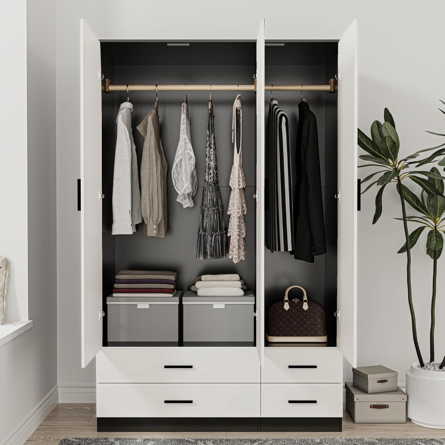 3 Door 4 Drawer Wardrobe Hanging Rail Bedroom Storage Black & White Unit